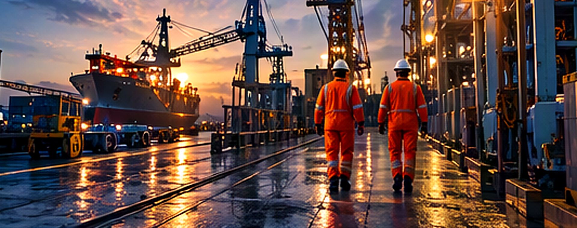 Dois técnicos com fatos laranja e capacetes num cais, junto a um navio e a gruas, ao pôr do sol.