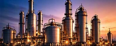 Tanks and columns of an oil and gas industrial facility at dusk.