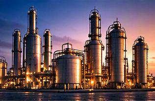 Tanques e colunas de uma instalação de processamento industrial