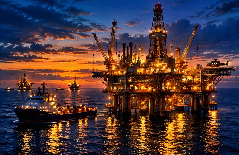 Plataforma de perfuração offshore iluminada ao entardecer