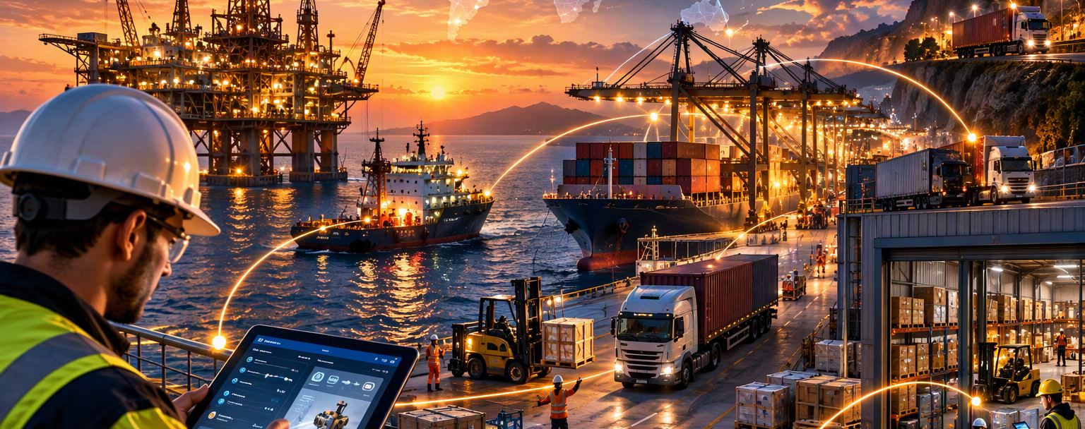 Técnico com capacete e tablet num porto, com uma plataforma offshore, navios, contentores e camiões.