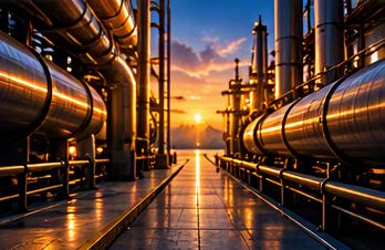 Linhas de tubagem industrial ao pôr do sol