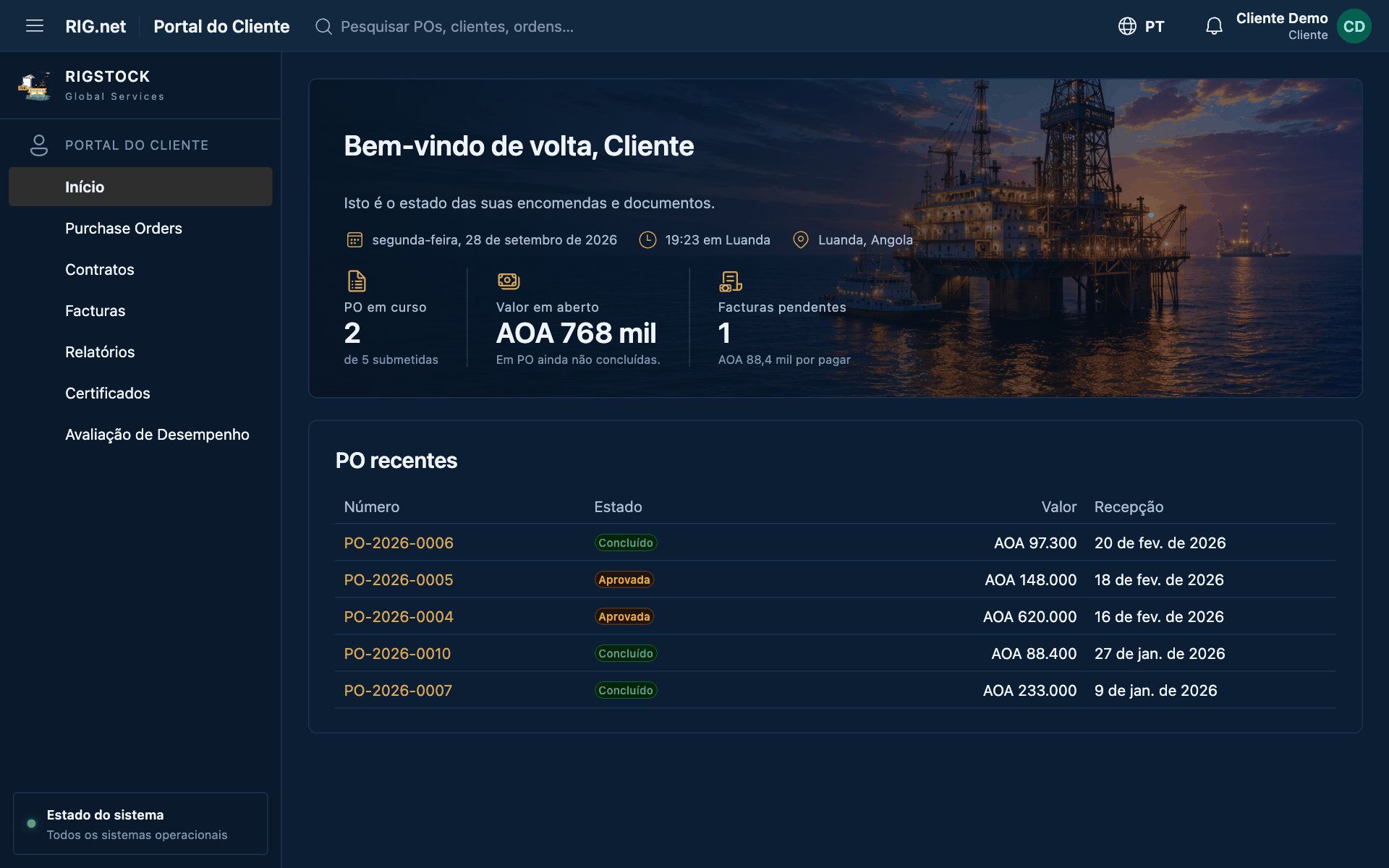 RIG.net Customer Portal home screen