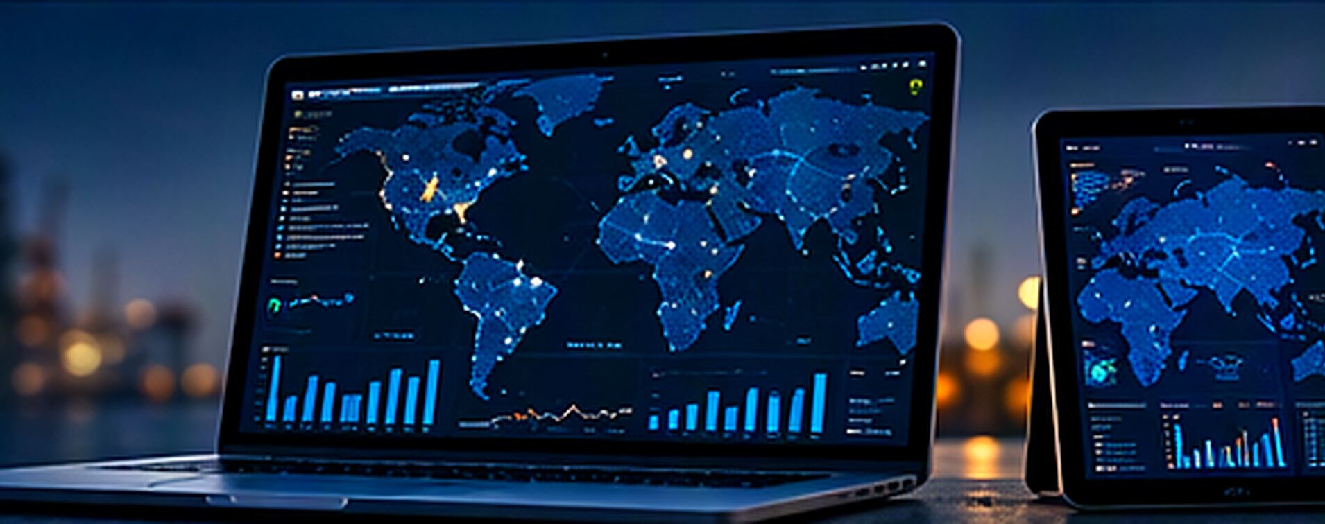 Computador portátil e tablet com um painel de dados e um mapa-mundo da plataforma RIG.net.