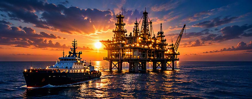 Navio de apoio junto a uma plataforma petrolífera offshore, ao pôr do sol.