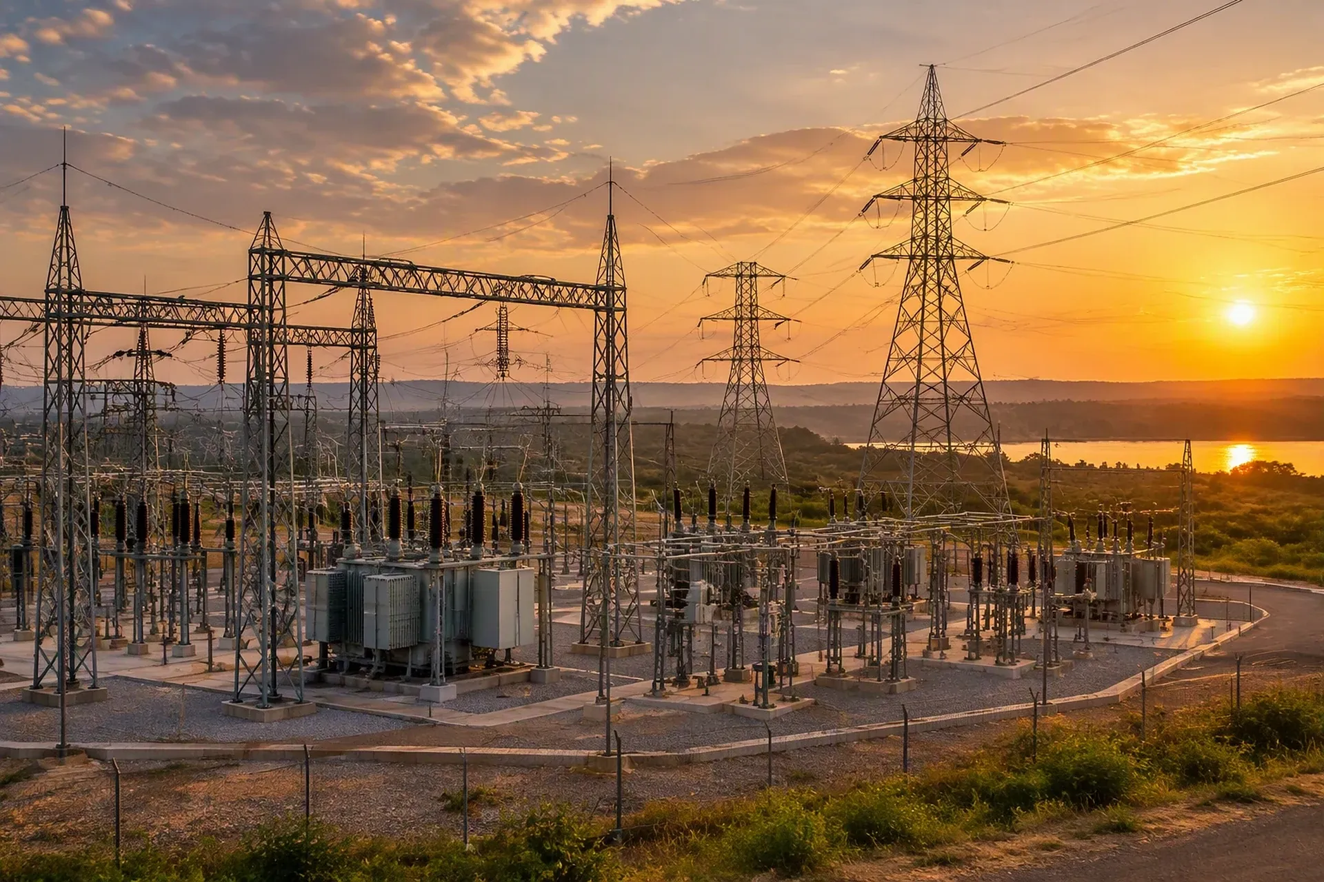 Electrical substation at sunset